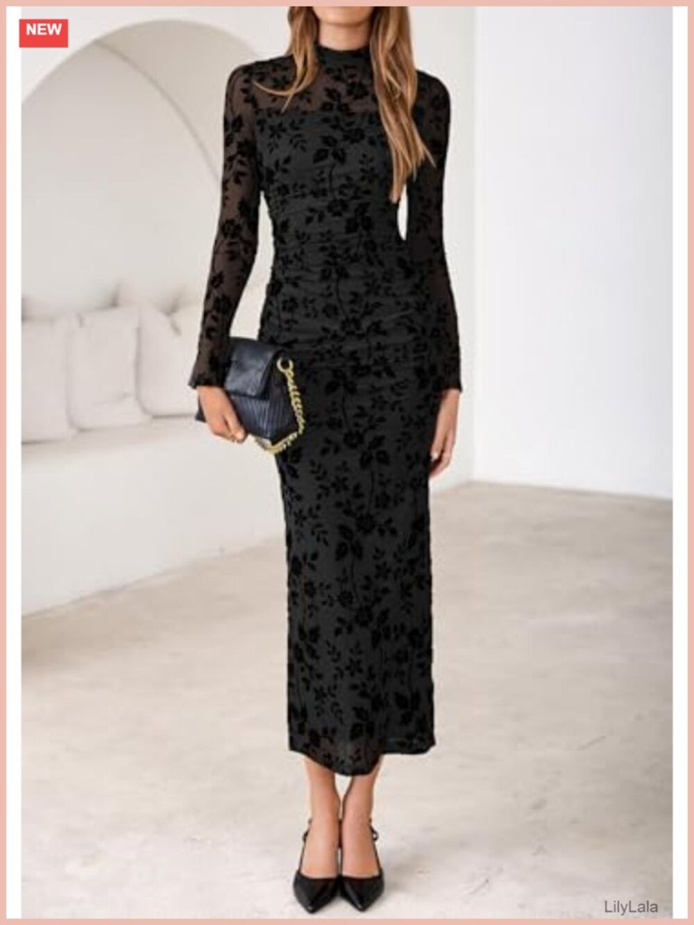 Long Sleeve Floral Bodycon Ruched Mesh Maxi Dress Formal Party Wedding Guest - Picture 4 of 6